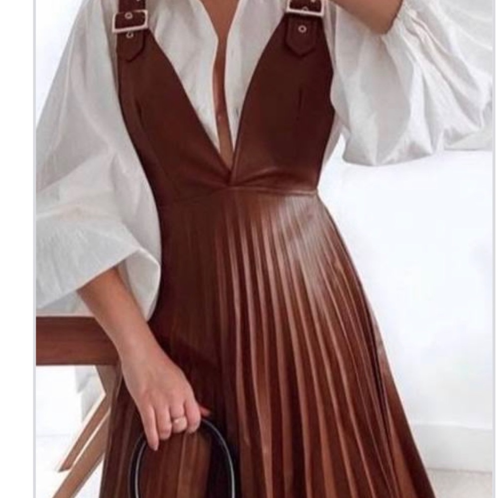 Brown pleated leather dress